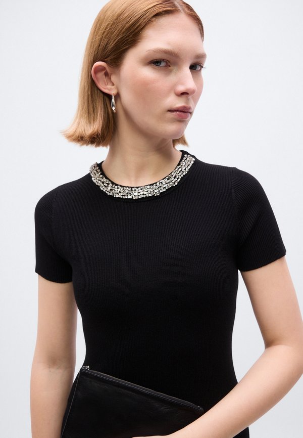DKNY SHORT SLEEVE CREWNECK SHORT DRESS EMBELLISHED RHINESTONES AT NECKLINE