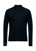 Schwarzer Reißverschluss-Pullover mit hohem Kragen, aus weichem Stoff, mit enganliegenden Ärmeln und einem minimalen Logo auf der Brust.