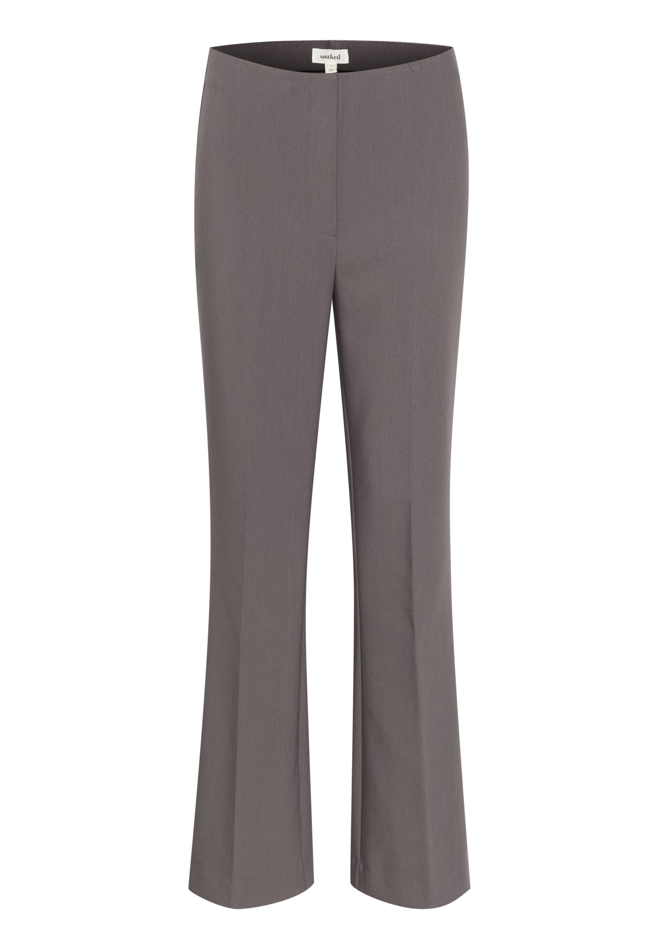 Grau ausgestellte Hose mit glatter Textur, passendem Bund und Bügelfalte vorne. Hergestellt aus leichtem Stoff, der sich für legere Kleidung eignet.