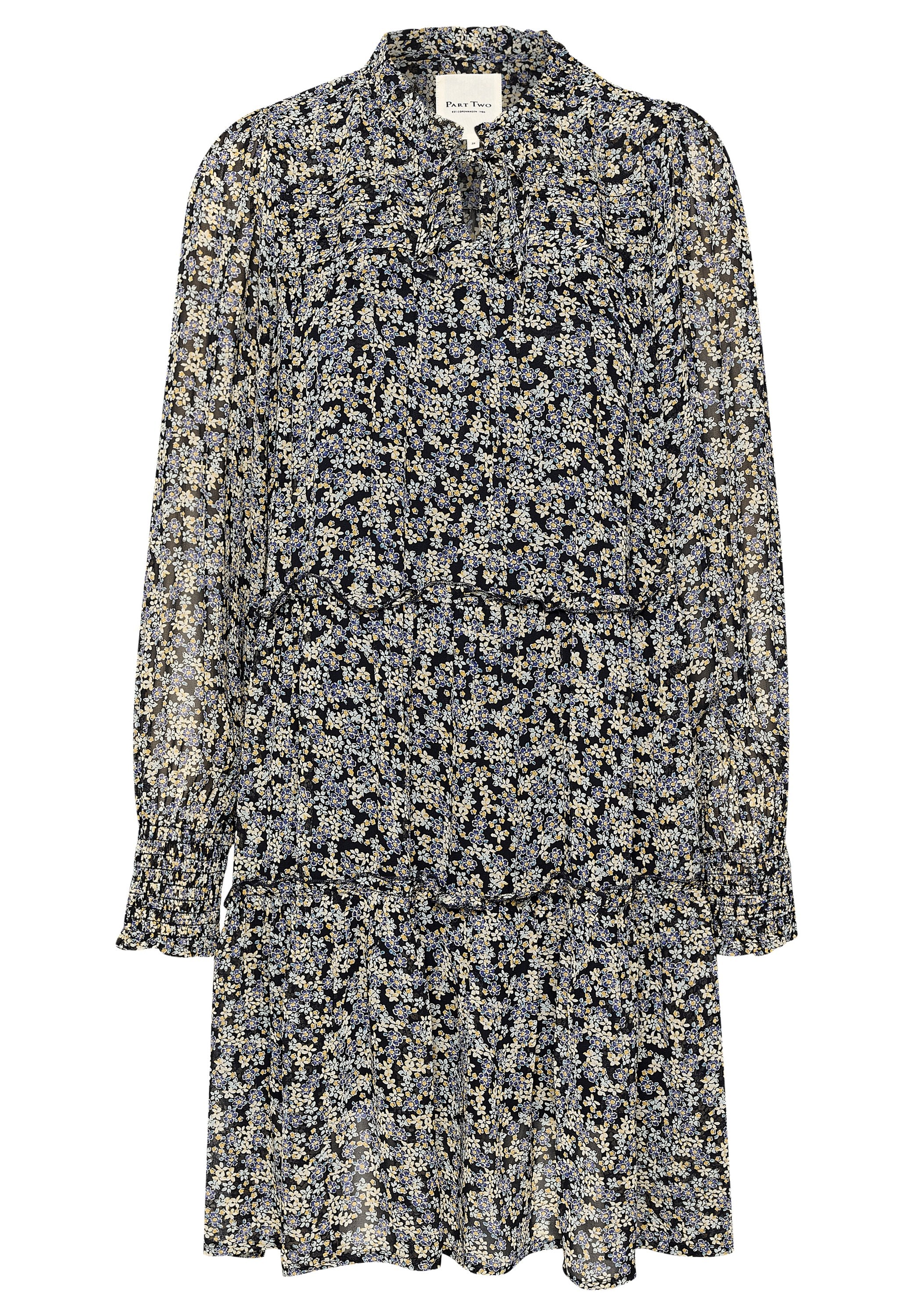 Blumenkleid aus leichtem schwarzen Stoff mit blauen und gelben Blumen, mit rüschendem Saum, langen Ärmeln und einer geknöpften Halsschleife.