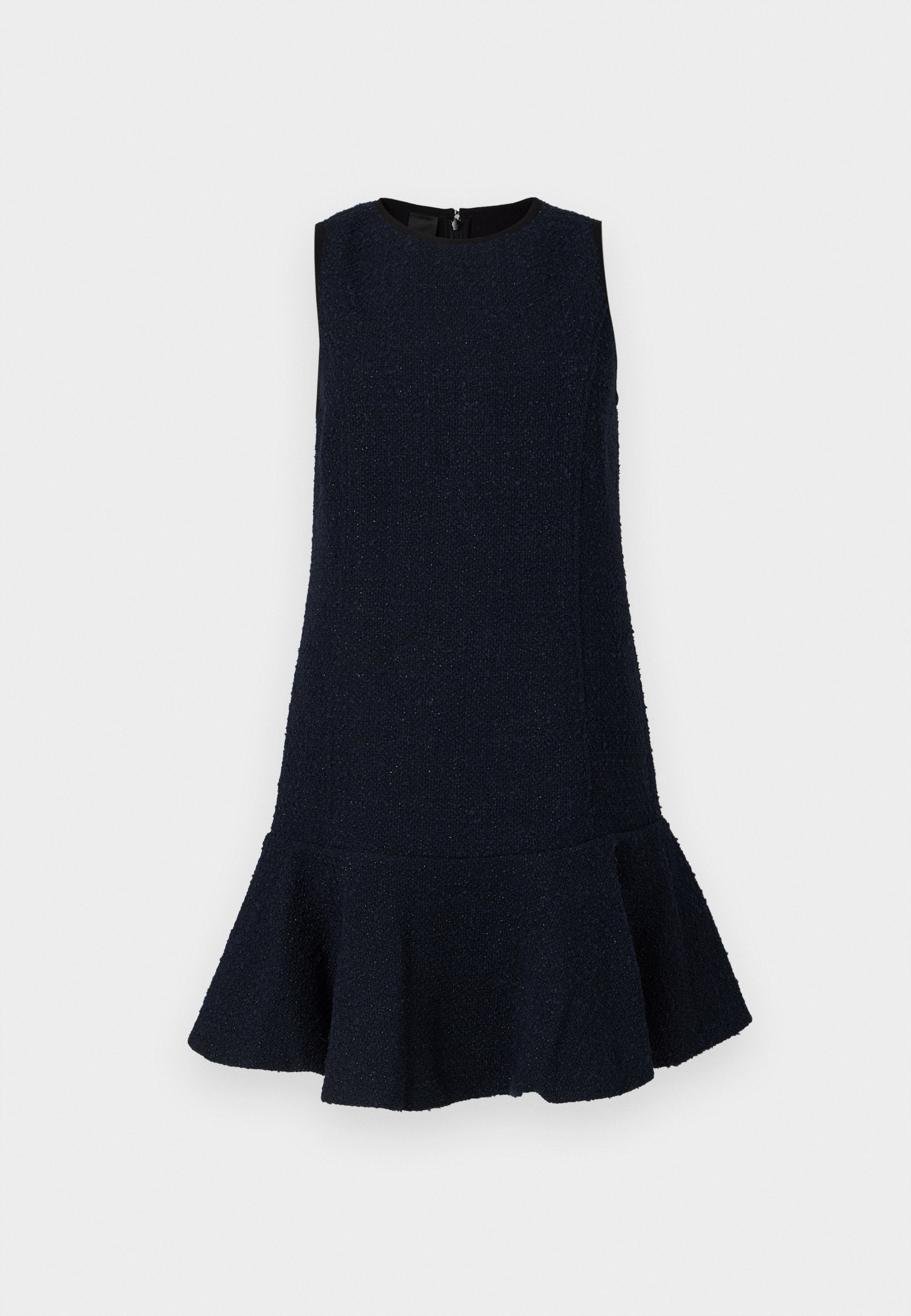 Marineblaues Kleid aus strukturiertem Stoff mit ärmellosem Design, Rundhalsausschnitt und ausgestelltem Saum. Mit Reißverschluss hinten.