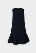 Marineblaues Kleid aus strukturiertem Stoff mit ärmellosem Design, Rundhalsausschnitt und ausgestelltem Saum. Mit Reißverschluss hinten.