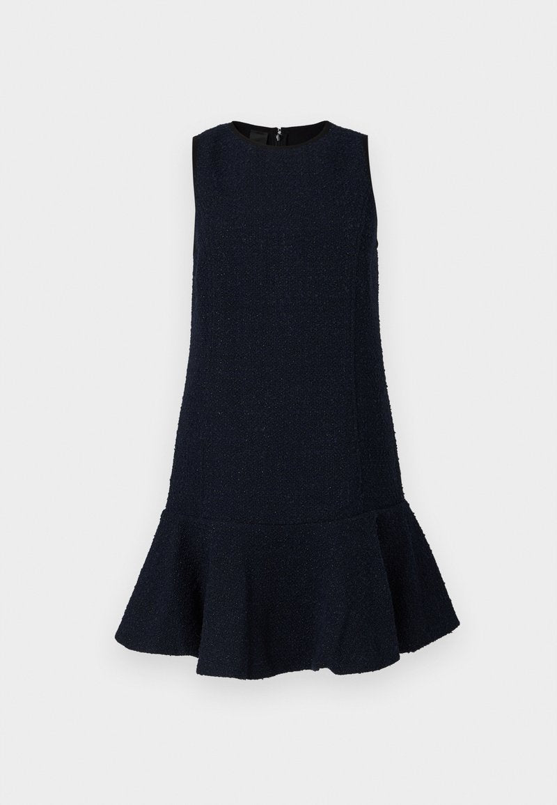 Marineblaues Kleid aus strukturiertem Stoff mit ärmellosem Design, Rundhalsausschnitt und ausgestelltem Saum. Mit Reißverschluss hinten.