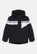 Schwarze wasserdichte Jacke mit Kapuze, mit weißen und silbernen Streifen über Brust und Schultern sowie einem auffälligen CMP-Logo.