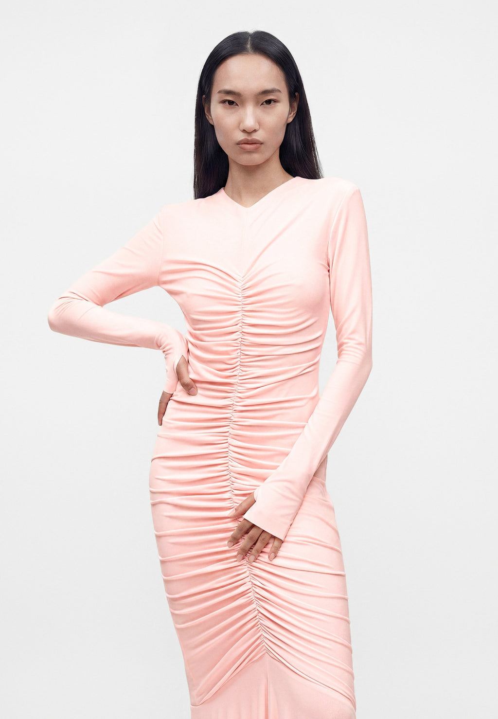 Norma Kamali LONG SLEEVE V NECK SHIRRED FRONT FISHTAIL GOWN
