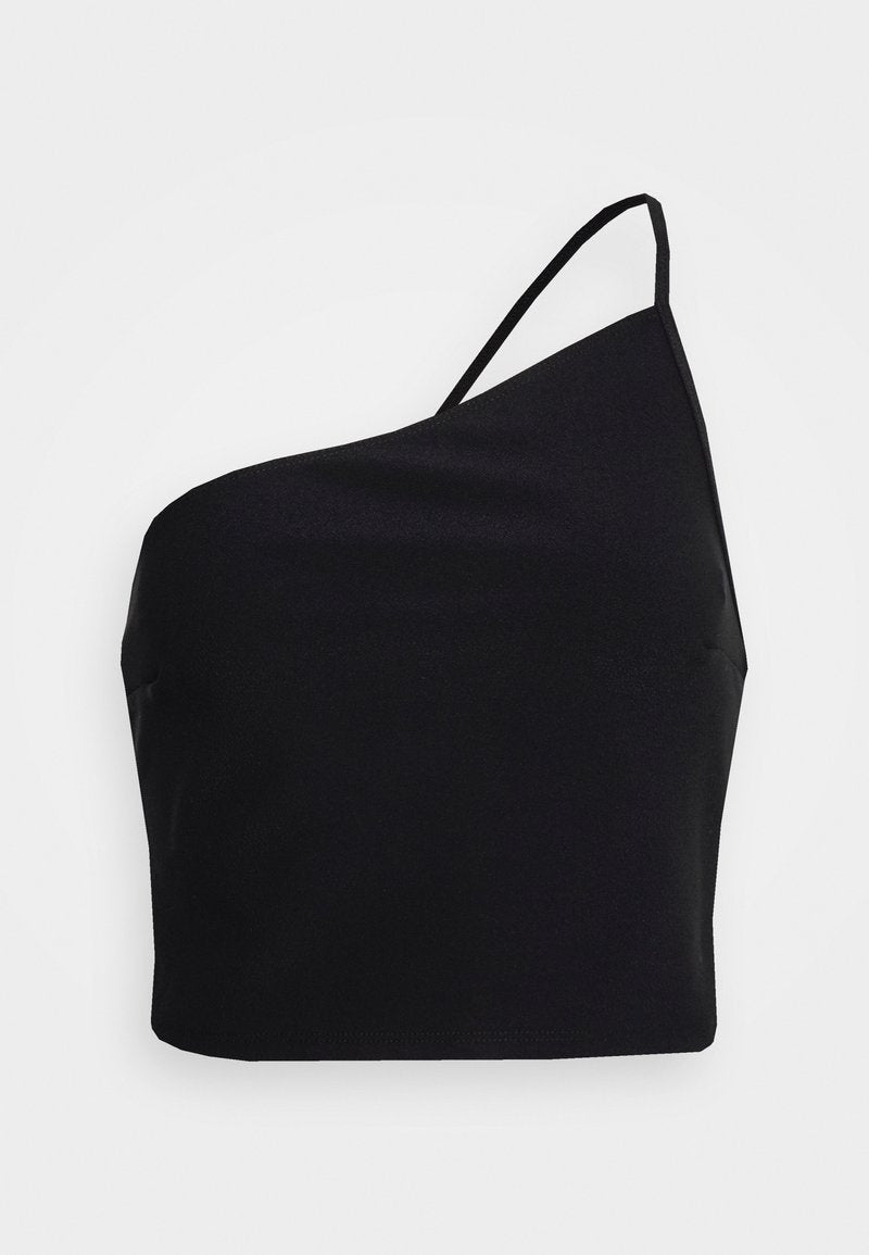 Schwarzes, einseitiges Crop-Top aus glattem Stoff. Verfügt über einen schmalen Träger und eine taillierte Silhouette. Keine Verzierungen oder Muster.