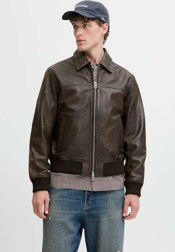 Jack & Jones Bomber Bomber - Leather jacket - chocolate brown
