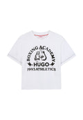 Weißes Baumwoll-T-Shirt mit Rundhals, kurzen Ärmeln und schwarzem "Boxing Academy" Grafik, die Boxhandschuhe und den Text "1993 ATHLETICS" zeigt.