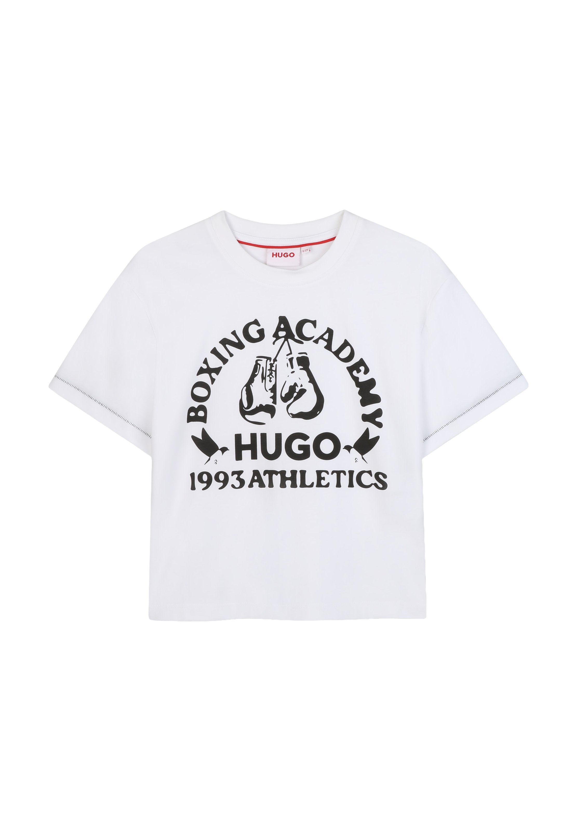 Weißes Baumwoll-T-Shirt mit Rundhals, kurzen Ärmeln und schwarzem "Boxing Academy" Grafik, die Boxhandschuhe und den Text "1993 ATHLETICS" zeigt.