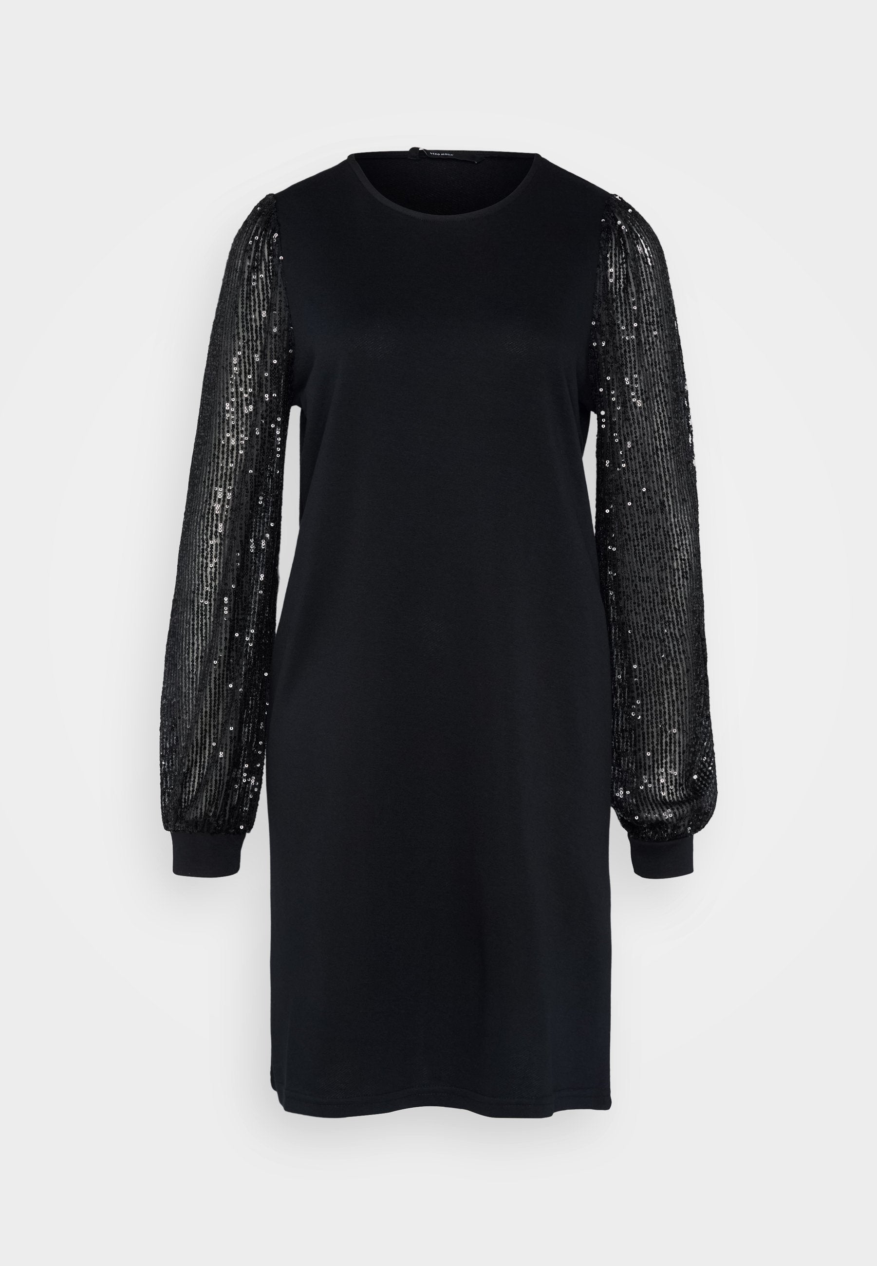 Schwarzes Kleid mit einem schlichten Oberteil und langen, gepufften Ärmeln, die mit schwarzen Pailletten verziert sind und einen strukturierten Kontrast im Design schaffen.