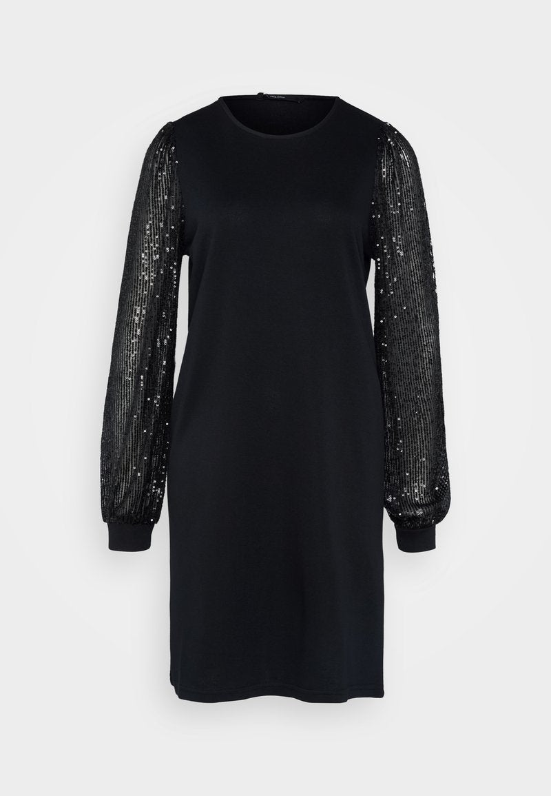 Schwarzes Kleid mit einem schlichten Oberteil und langen, gepufften Ärmeln, die mit schwarzen Pailletten verziert sind und einen strukturierten Kontrast im Design schaffen.