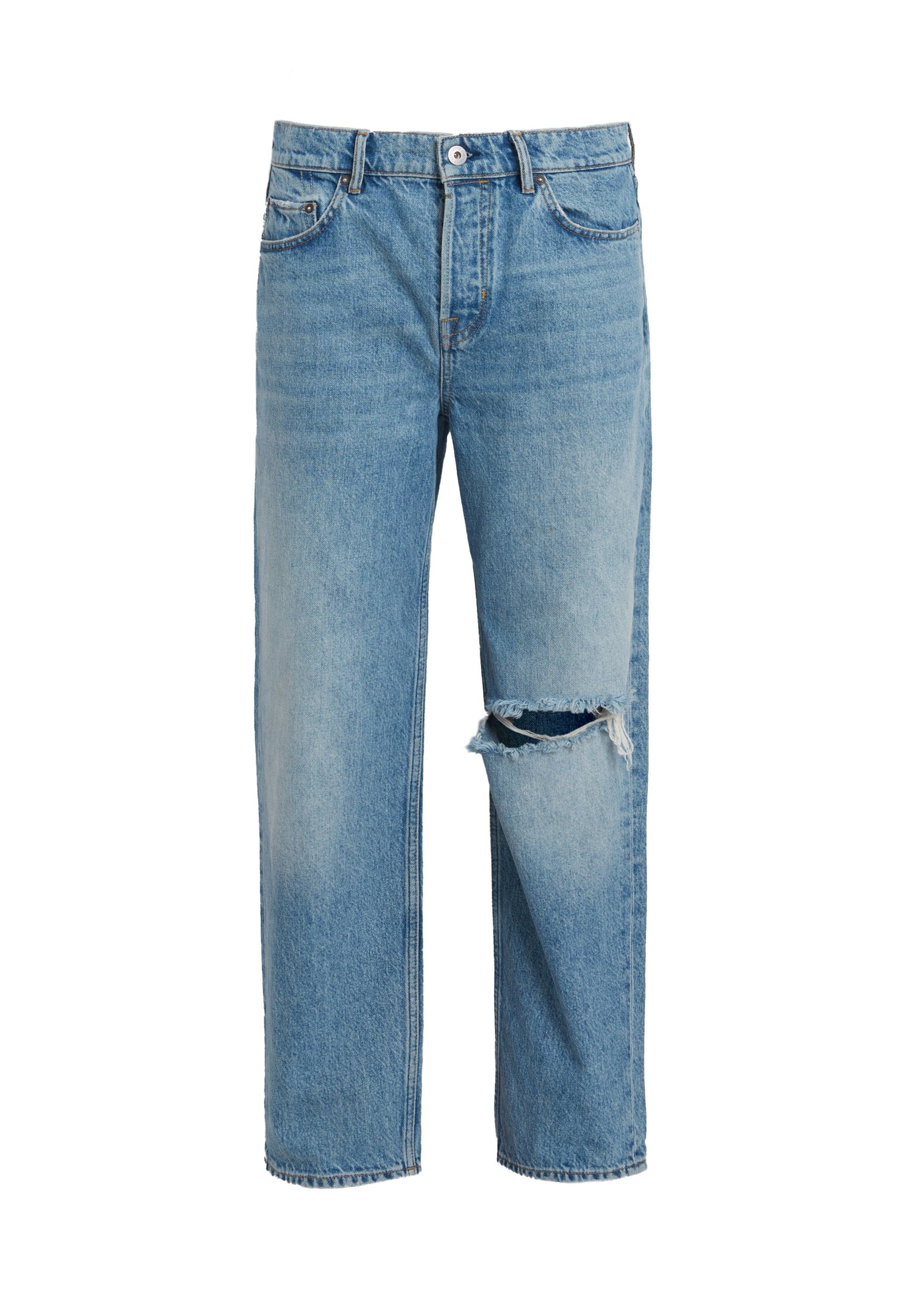 Hellblaue Jeans aus Denim mit lockerer Passform, die ein beschädigtes Knie, ein klassisches Fünf-Taschen-Design und einen Knopfverschluss in der Taille aufweisen.
