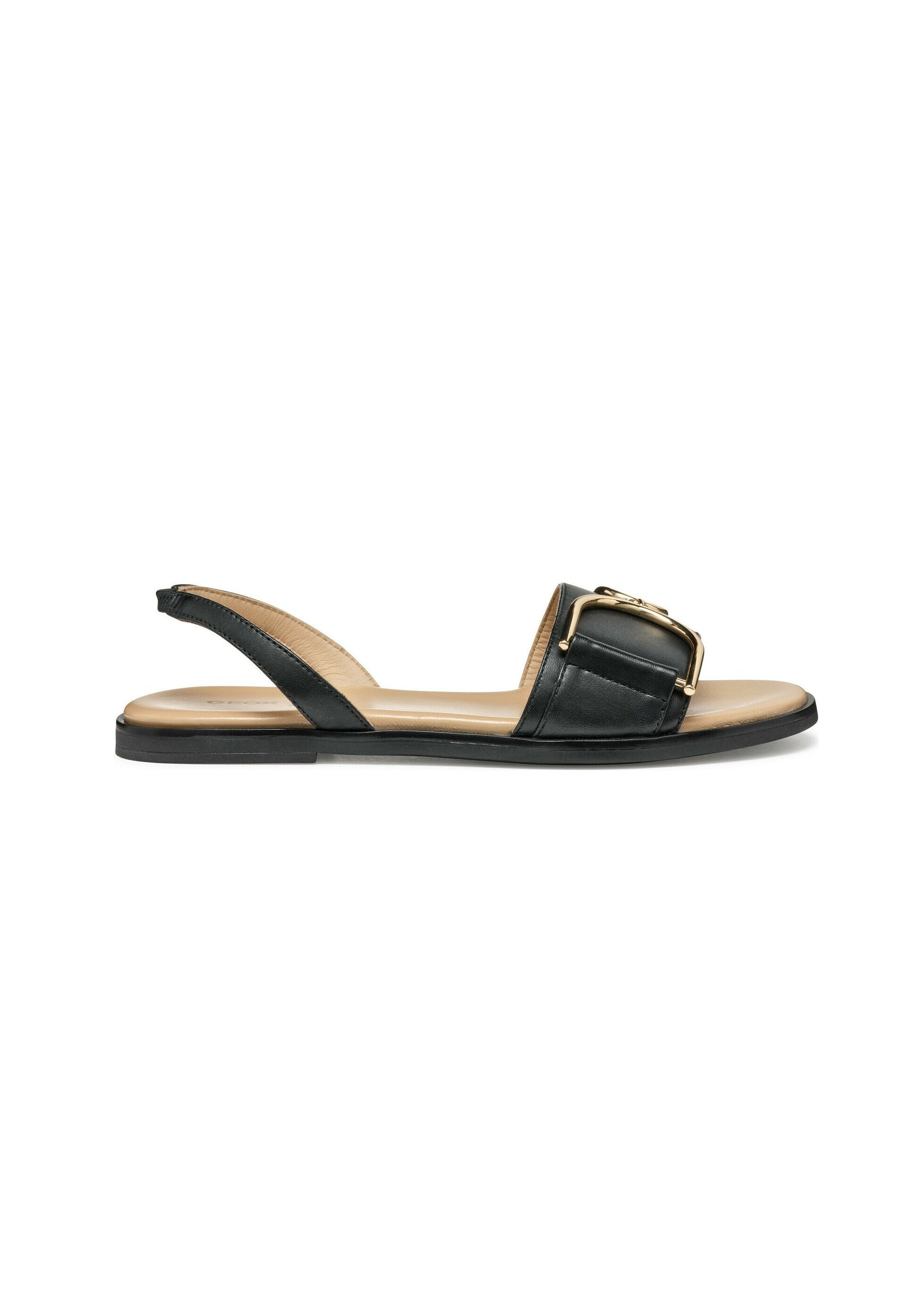 Schwarze Leder-Slingback-Sandale mit einem breiten Riemen und einer goldenen Schnallenakzent. Flache Sohle mit einer glatten beigen Innensohle. Schlichtes Design.