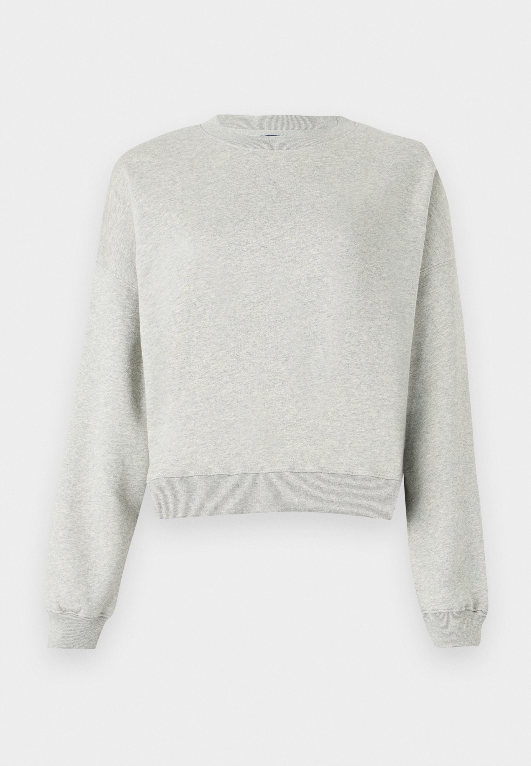 Grauer Sweatshirt aus weichem, strukturiertem Stoff. Mit Rundhalsausschnitt, langen Ärmeln und cropped Saum. Einfaches Design, keine Muster oder Akzente.