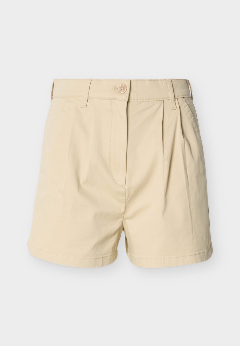 Beige Shorts aus Baumwolle mit vorne gelegten Falten, einem Knopfverschluss und doppelt genähter Saumkante. Das Design zeichnet sich durch einen geraden Schnitt und Seitentaschen aus.