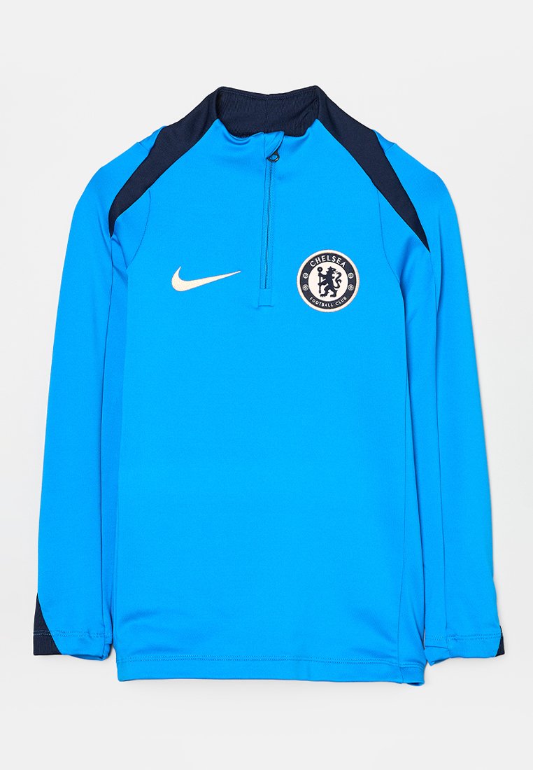 Blaues langärmliges Chelsea-Fußballclub-Trainingsoberteil mit halbem Reißverschluss und Nike-Logo, ausgestattet mit dunkelblauen Schultereinsätzen und Kragen.