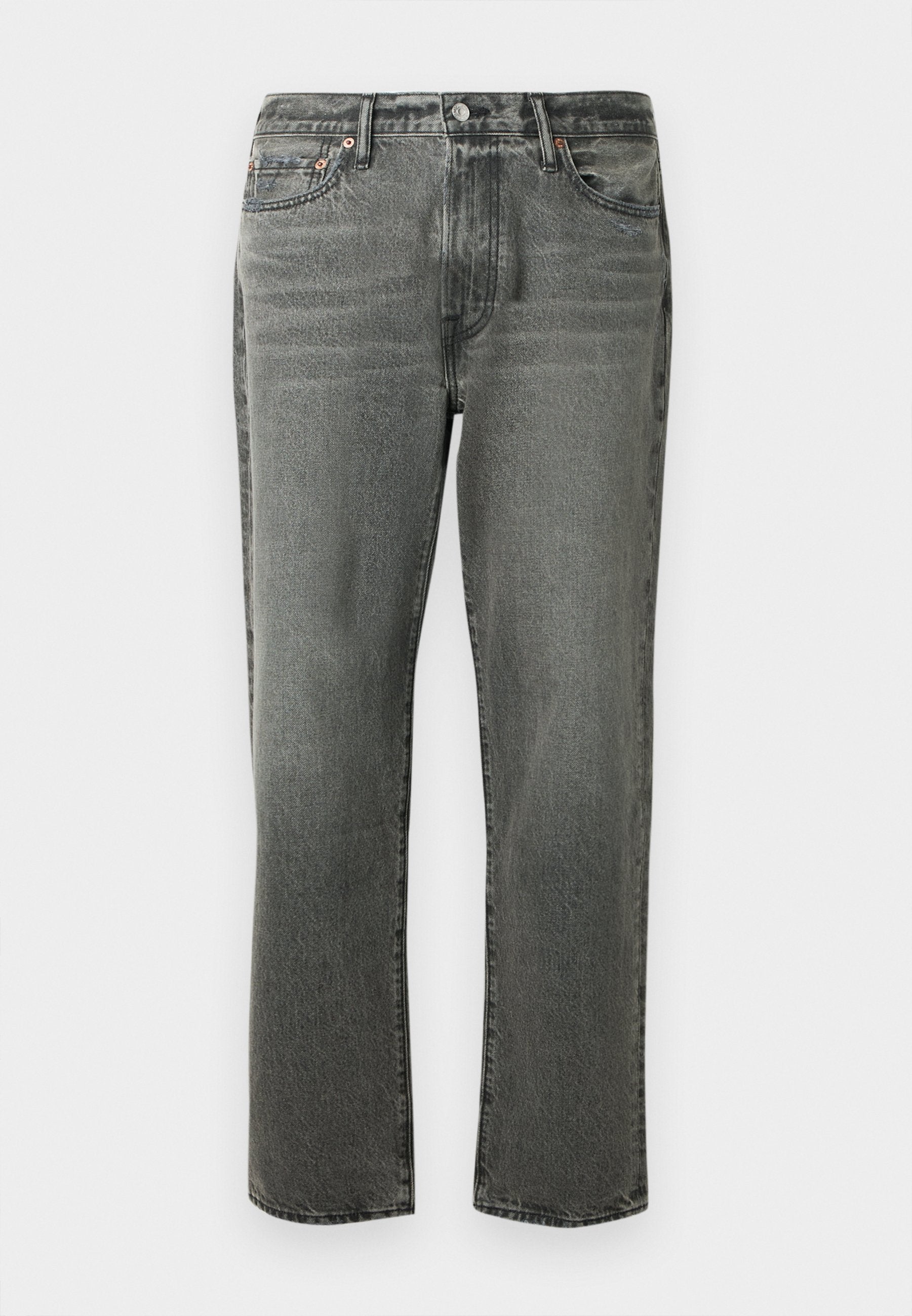 Vergraute schwarze Jeans mit geradem Bein, vorderem Knopf, Reißverschluss, Gürtelschlaufen und Fünf-Taschen-Design.