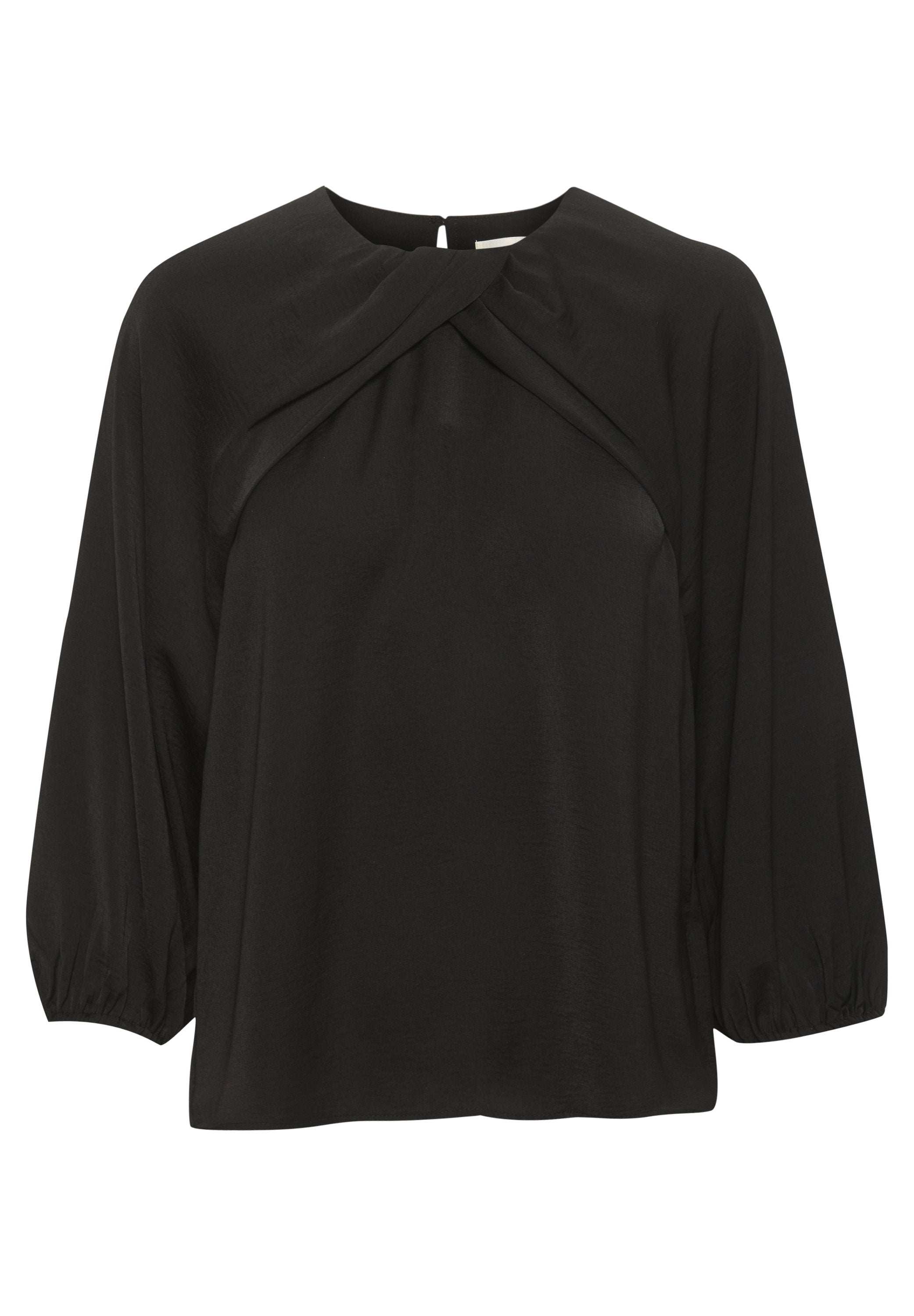 Schwarze Bluse mit langen Ärmeln, raffinierten Bündchen und einem gewundenen, drapierten Ausschnitt, aus glattem Stoff gefertigt.