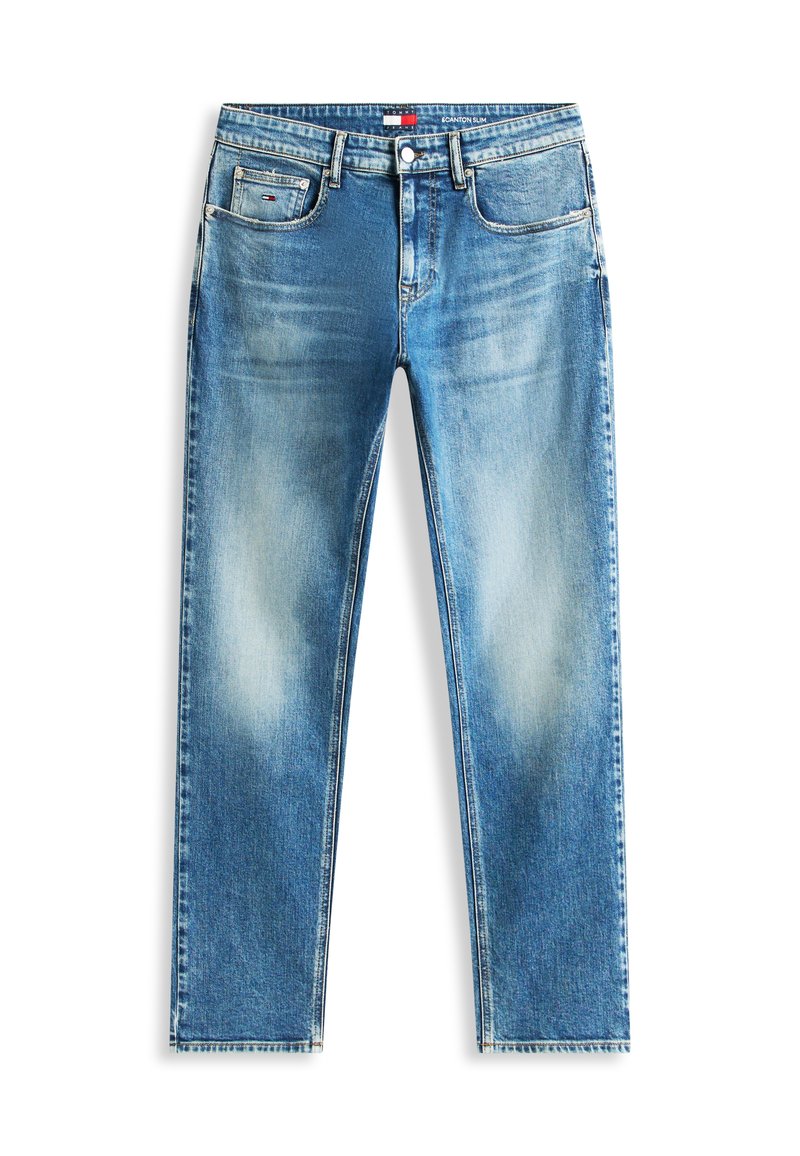 Schmal geschnittene blaue Jeans aus Denim mit ausgewaschenen Details, fünf Taschen, Gürtelschlaufen sowie einem vorderen Knopf- und Reißverschluss.