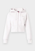 Kurz geschnittener, hellrosa Hoodie aus weichem Stoff, mit durchgehendem Reißverschluss, Kordelzug an der Kapuze und gerippten Bündchen. Dezentes Logo auf der Brust.