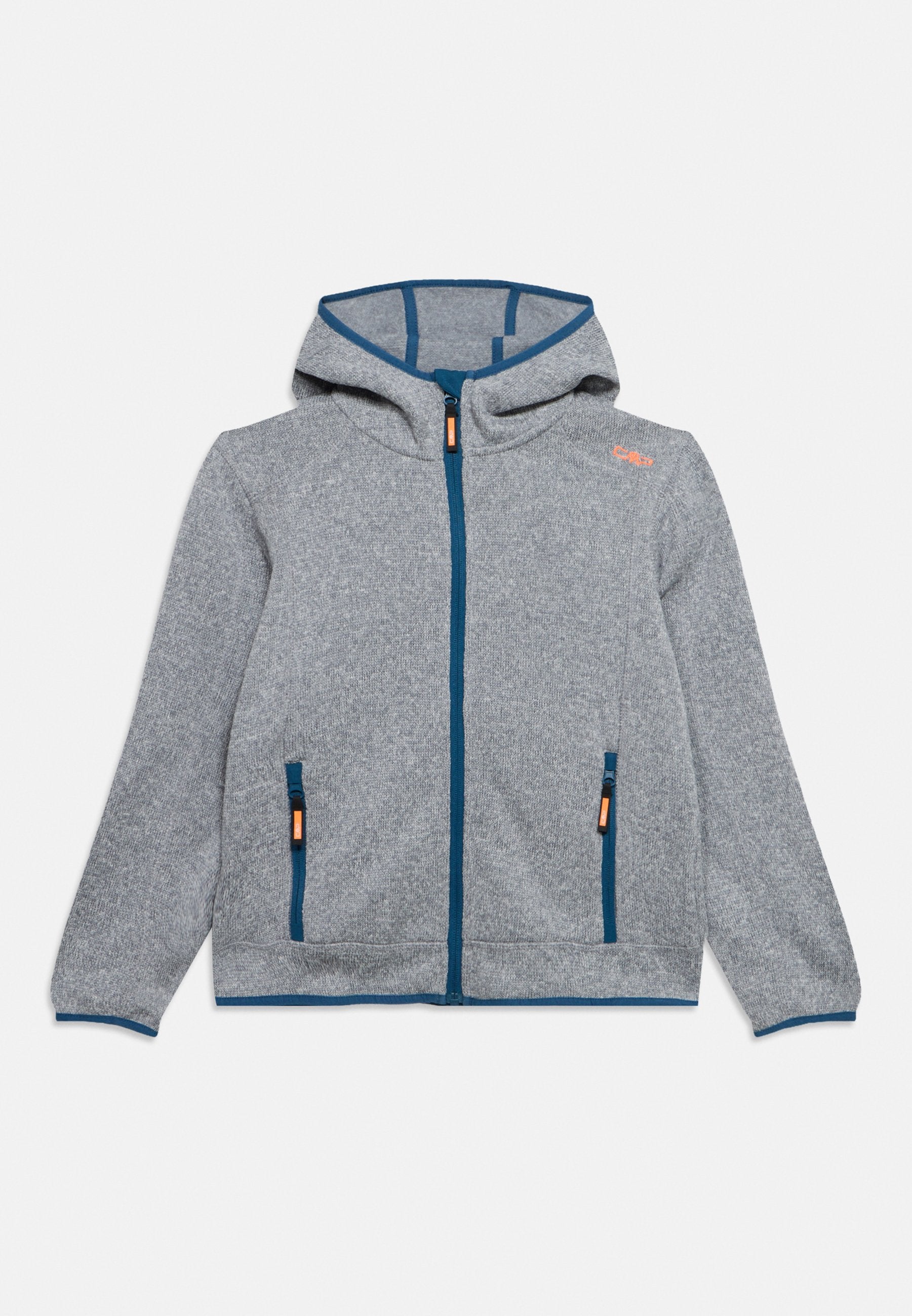 Hellgraue Jacke mit Reißverschluss und Kapuze, blauem Besatz, zwei vorderen Reißverschlusstaschen und kleinem orangefarbenem Logo auf der Brust.