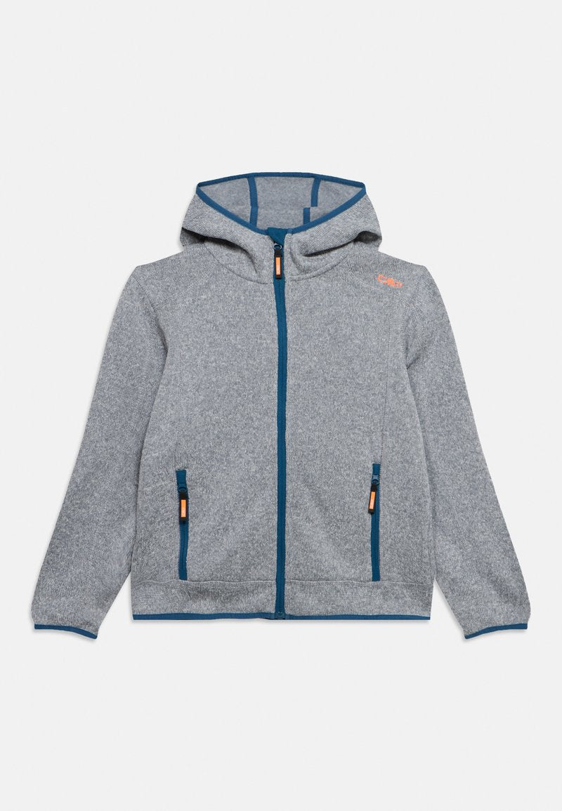 Hellgraue Jacke mit Reißverschluss und Kapuze, blauem Besatz, zwei vorderen Reißverschlusstaschen und kleinem orangefarbenem Logo auf der Brust.