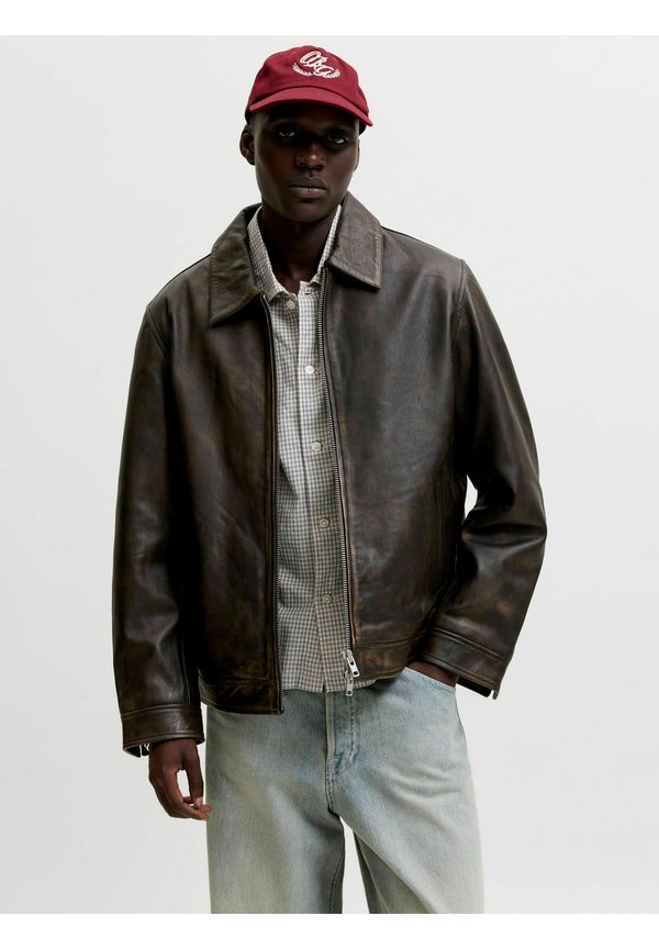 Jack & Jones Leather Leather - Leather jacket - chocolate brown