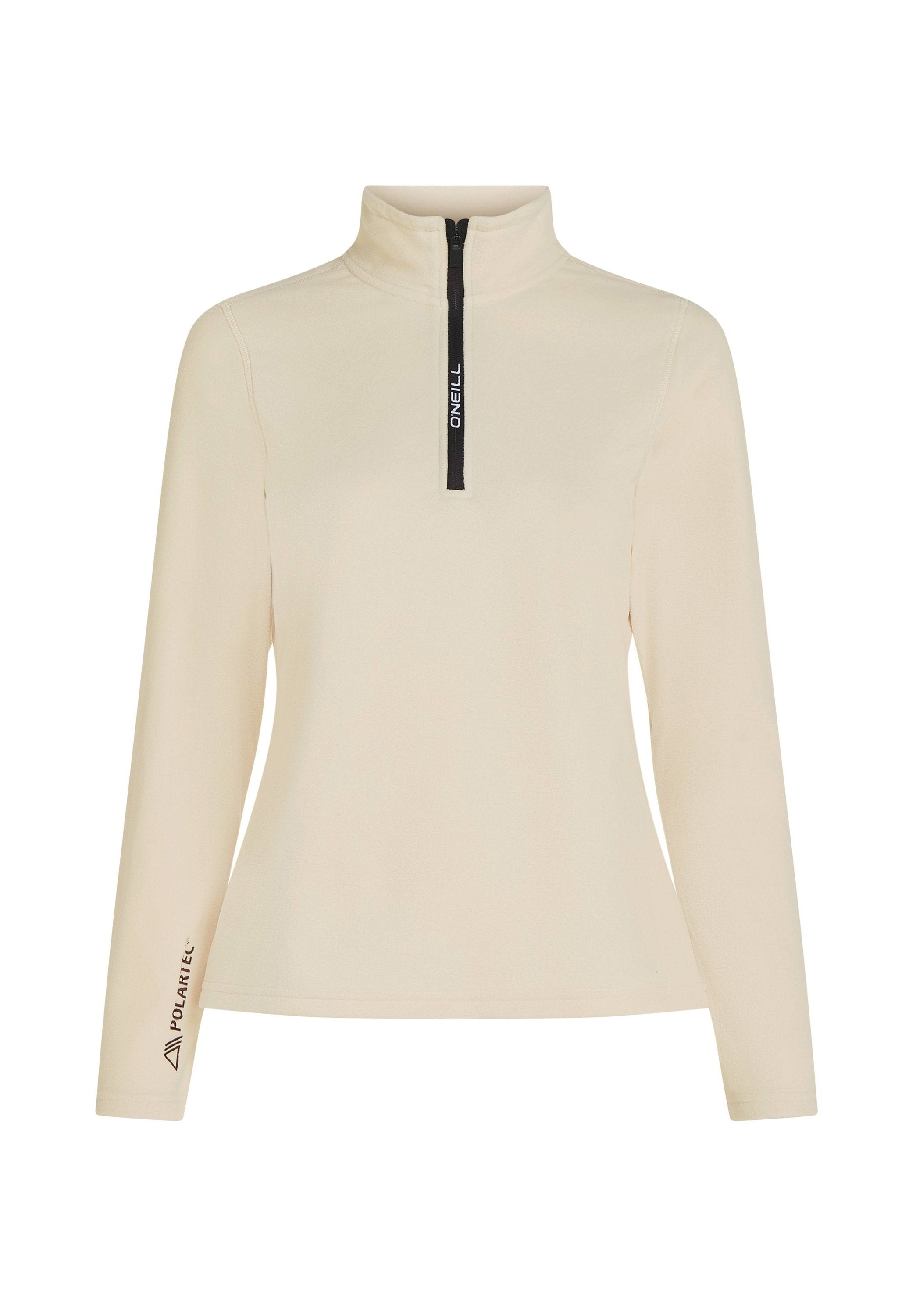 Beiger Fleece-Pullover mit hohem Kragen, halbseitigem Reißverschluss und schwarzem, gebrandetem Reißverschluss. Mit "Polartec"-Logo am Ärmel. Glatte Textur.