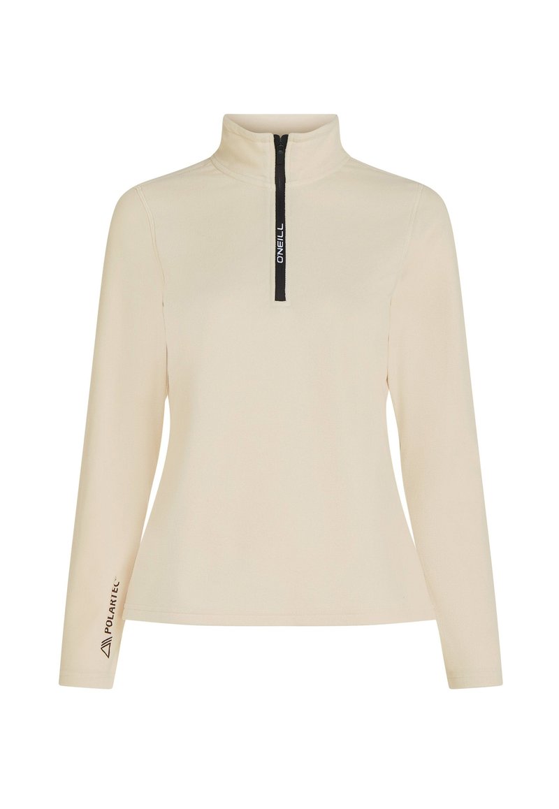 Beiger Fleece-Pullover mit hohem Kragen, halbseitigem Reißverschluss und schwarzem, gebrandetem Reißverschluss. Mit "Polartec"-Logo am Ärmel. Glatte Textur.