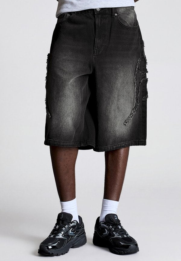 Bershka PATCH BAGGY - Denim shorts - black