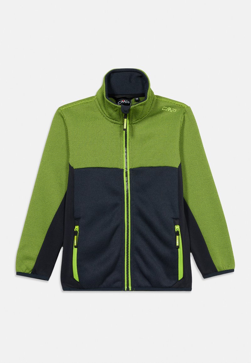 Grün-schwarze Reißverschlussjacke mit Stehkragen und Reißverschlusstaschen, entworfen für Kinder, Größe 116.