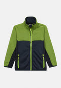 Grün-schwarze Reißverschlussjacke mit Stehkragen und Reißverschlusstaschen, entworfen für Kinder, Größe 116.