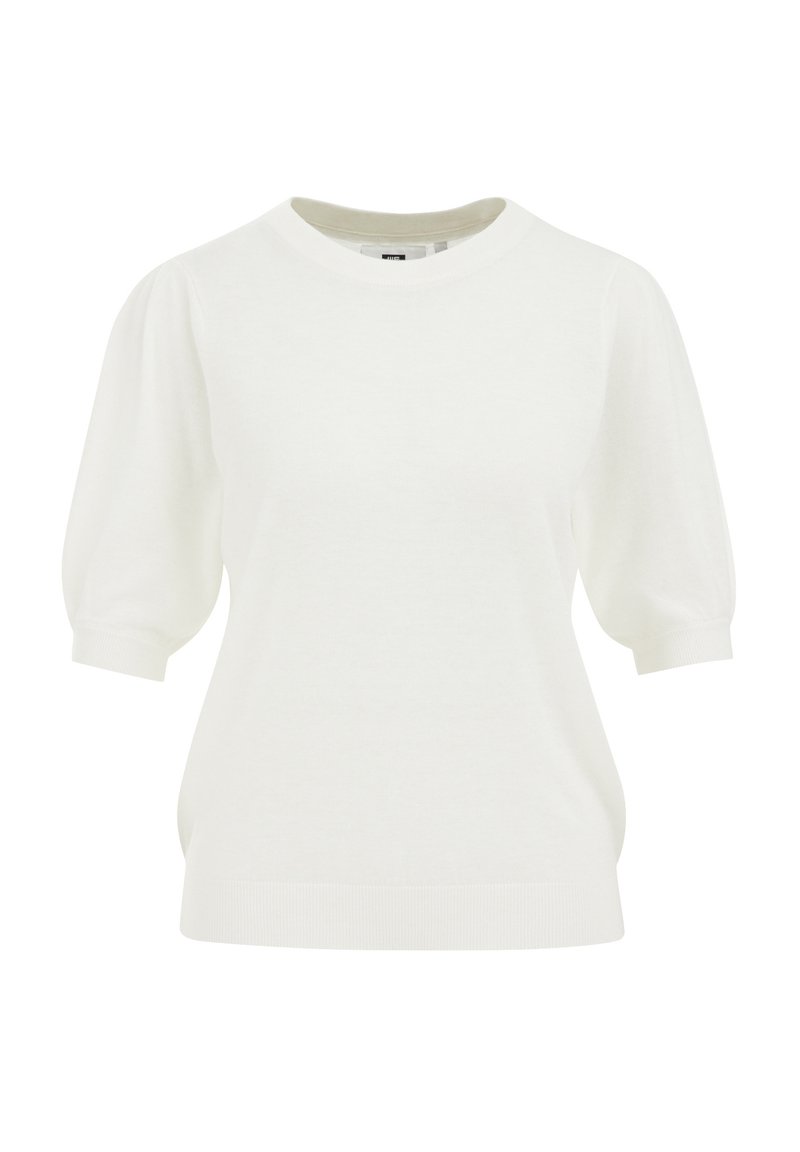 Weißer Pullover mit kurzen, puffartigen Ärmeln. Aus weichem Material mit rundem Ausschnitt und gerippten Bündchen und Saum. Schlichte, glatte Textur.