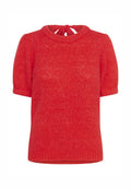 Roter kurzen Pullover mit kurzen Ärmeln, ribbeltem Rundhalsausschnitt und einer Schleife im Rücken. Hergestellt aus strukturiertem Garn mit einer weichen Oberfläche.