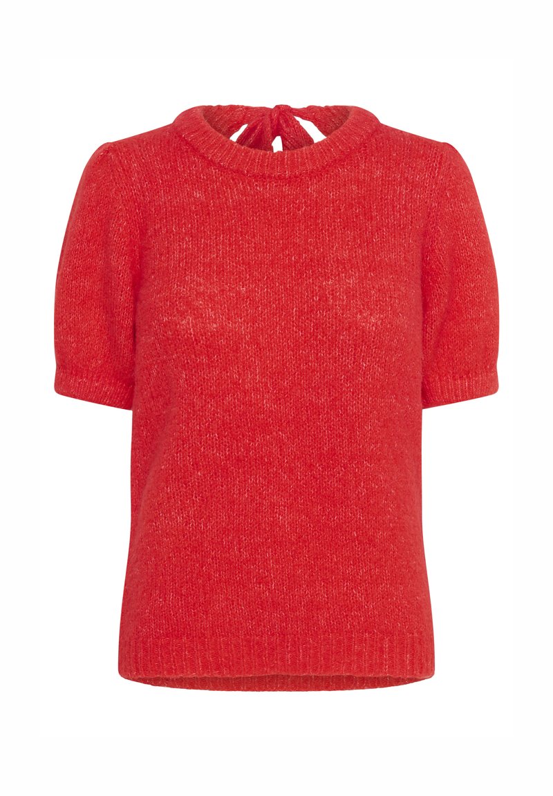 Roter kurzen Pullover mit kurzen Ärmeln, ribbeltem Rundhalsausschnitt und einer Schleife im Rücken. Hergestellt aus strukturiertem Garn mit einer weichen Oberfläche.