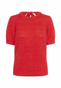 Roter kurzen Pullover mit kurzen Ärmeln, ribbeltem Rundhalsausschnitt und einer Schleife im Rücken. Hergestellt aus strukturiertem Garn mit einer weichen Oberfläche.