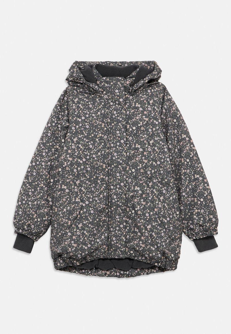 Dunkelgraue Steppjacke mit floralem Muster, ausgestattet mit einer Kapuze, gerippten Bündchen und einer quilted Struktur. Leicht und mit lockerer Passform.