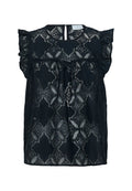 Schwarze Spitzenbluse mit Rüschensäumen, die ein florales Muster und ein Keyhole-Detail im Rücken aufweist. Leichter, texturierter Stoff.