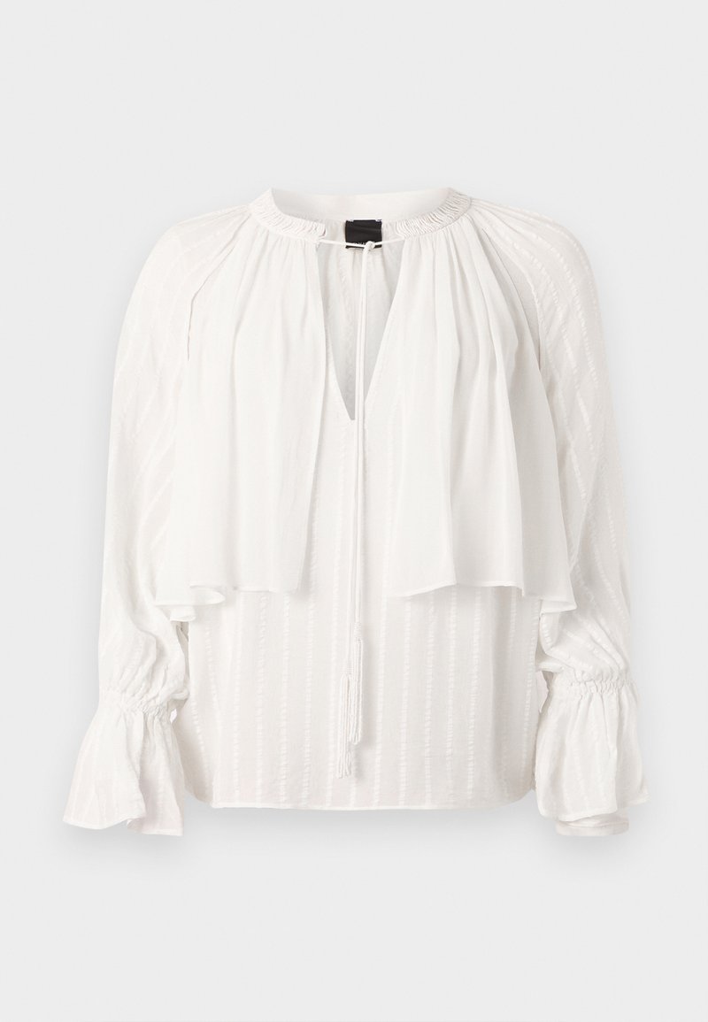 Weiße Bluse mit gefälteltem Design, V-Ausschnitt und geschichteter Vorderseite. Ausgestattet mit langen, puffärmeligen Ärmel mit gerafften Manschetten und einem Quastenbindedetail.