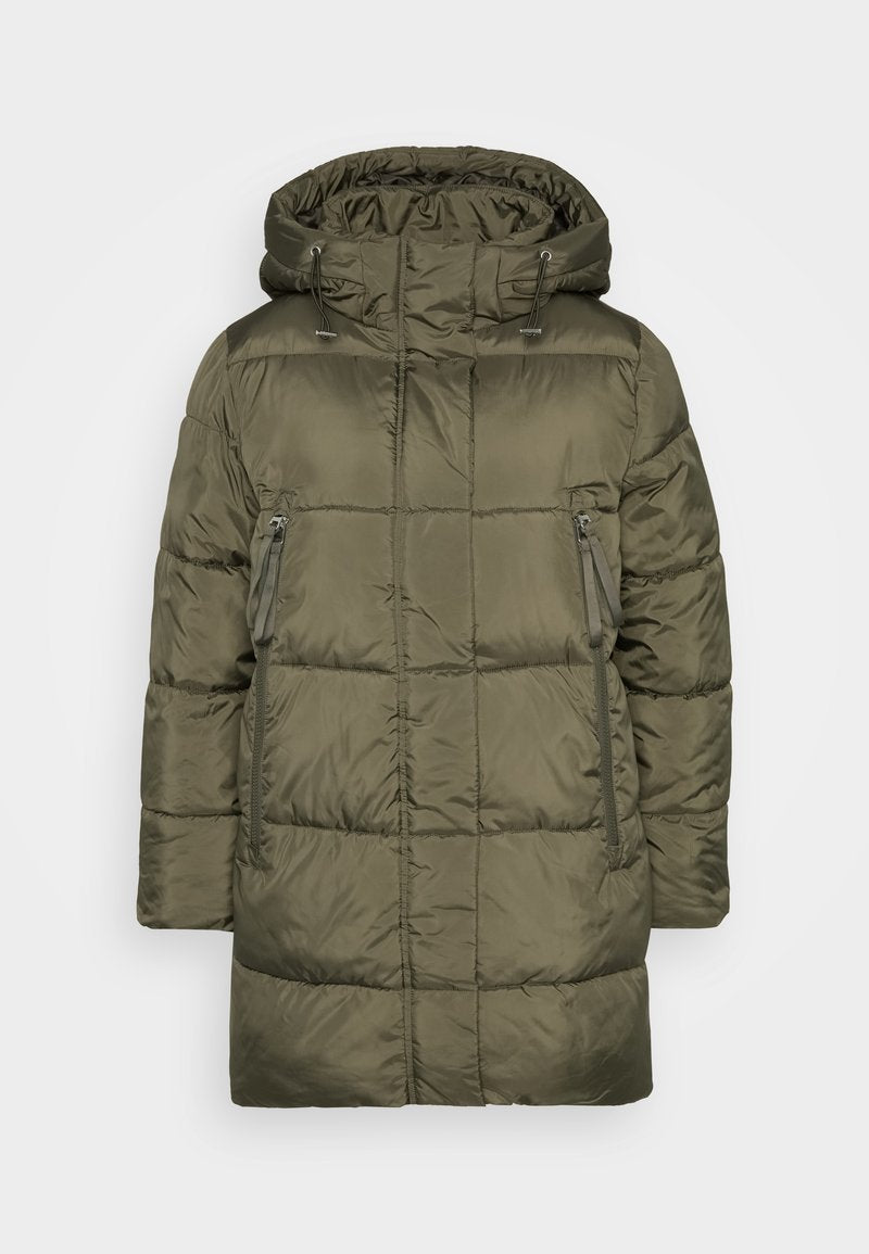 Olivegrüner gesteppter Puffer-Mantel mit Kapuze, durchgehendem Reißverschluss und seitlichen Reißverschluss-Taschen, geeignet für kaltes Wetter.