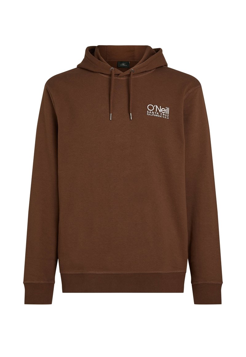 Brauner Kapuzenpullover mit einem weißen Logo auf der oberen linken Seite. Hergestellt aus weichem Stoff mit gerippten Bündchen und Saum.