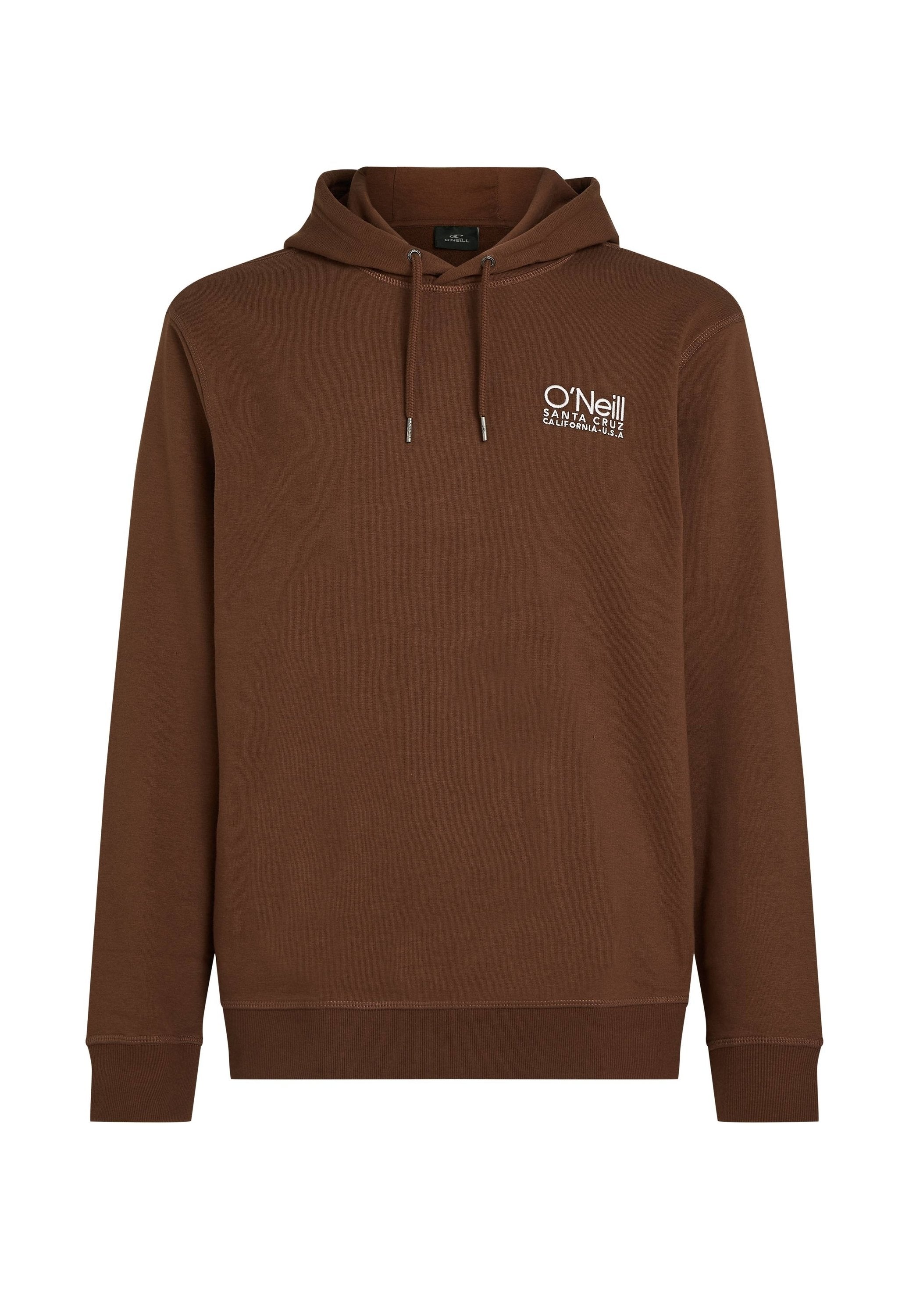 Brauner Kapuzenpullover mit einem weißen Logo auf der oberen linken Seite. Hergestellt aus weichem Stoff mit gerippten Bündchen und Saum.