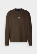 Braunes Sweatshirt mit langen Ärmeln aus Baumwolle, mit Rundhalsausschnitt und kleinem weißem "HUGO"-Logo auf der Brust. Strukturierter Stoff.