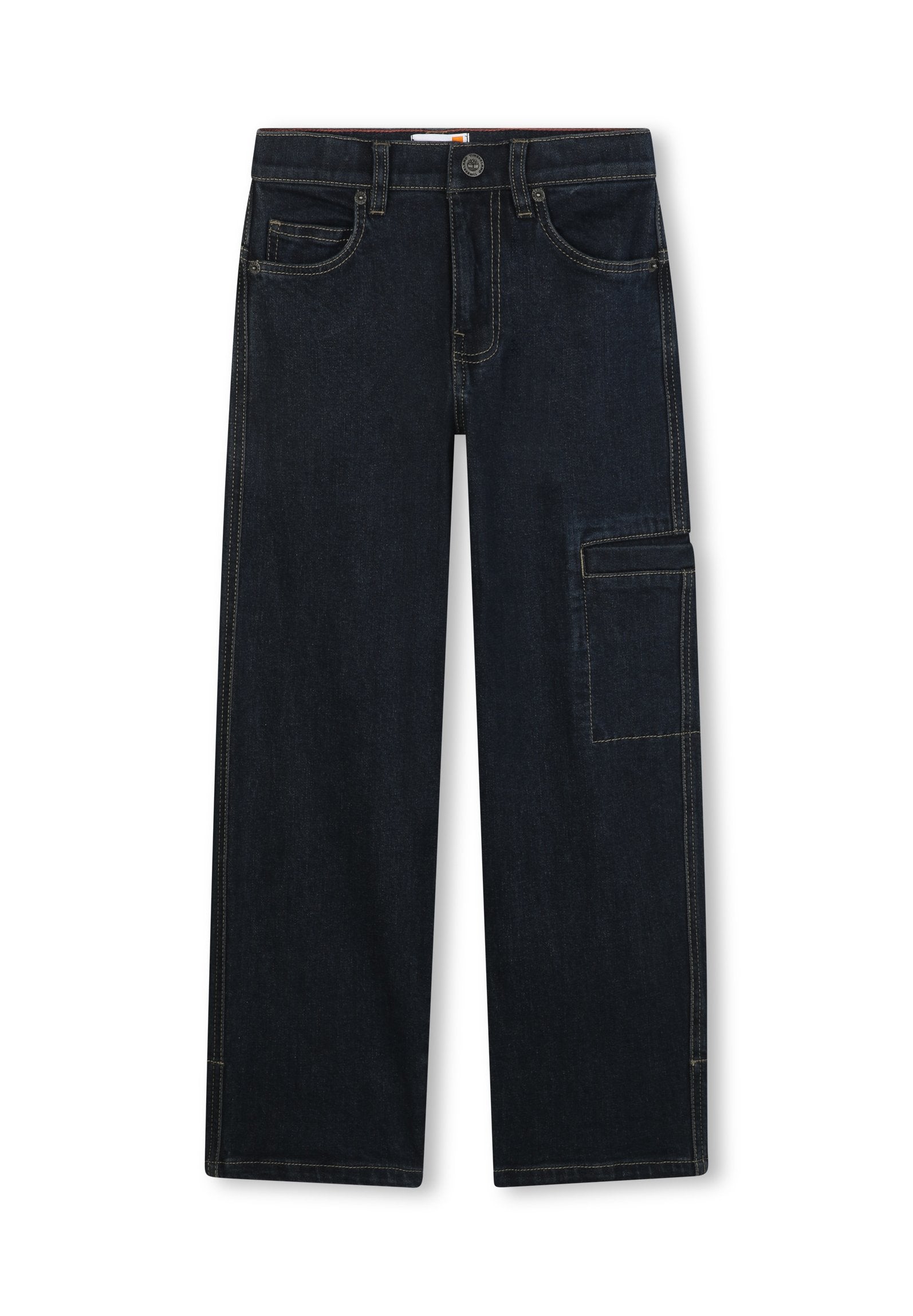 Dunkelblaue Jeans-Cargohose mit geradem Bein, ausgestattet mit Vordertaschen und einer großen seitlichen Klappentasche mit kontrastierendem Nähen.