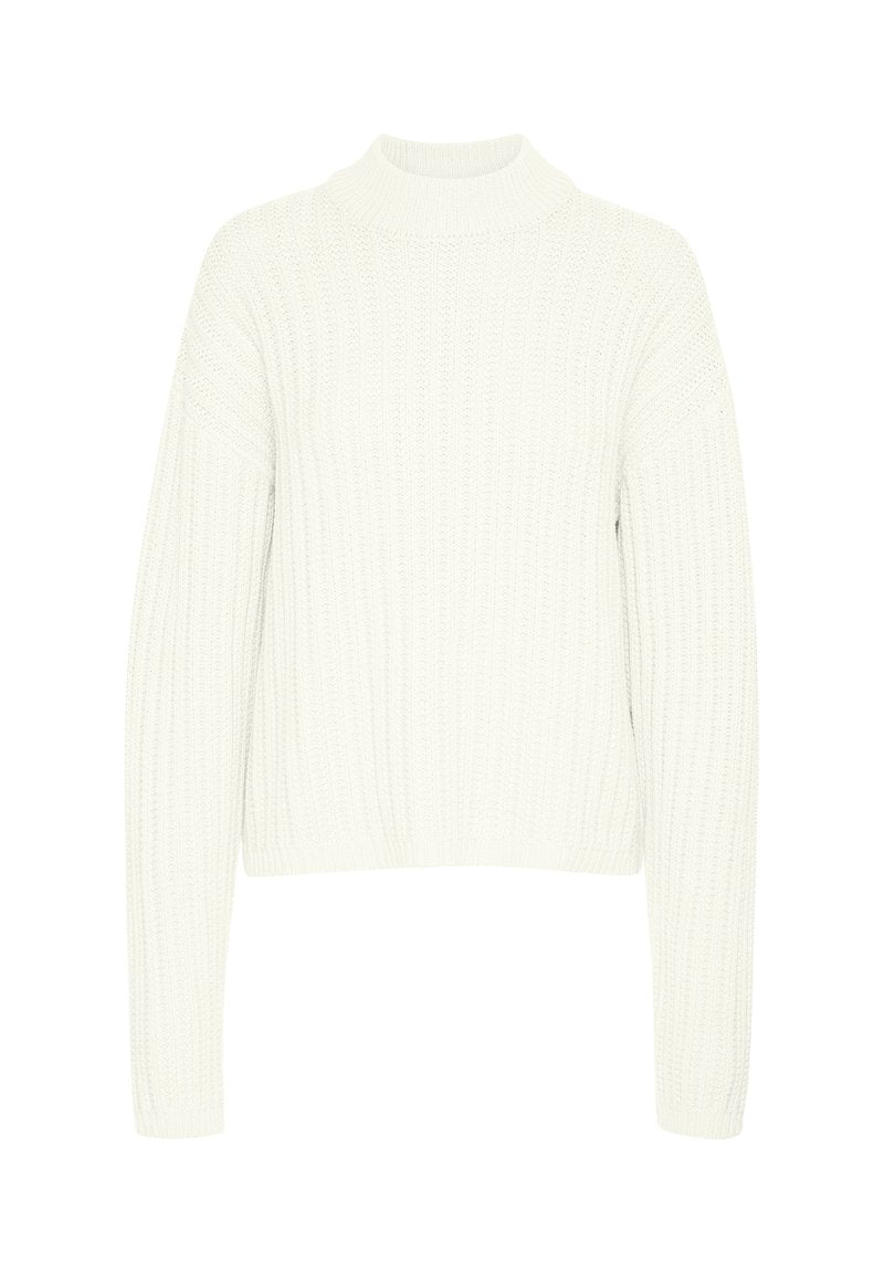 Weißer, gerippter Strickpullover mit hohem Kragen, langen Ärmeln und cropped Saum. Hergestellt aus einem weichen, strukturierten Strickmaterial.