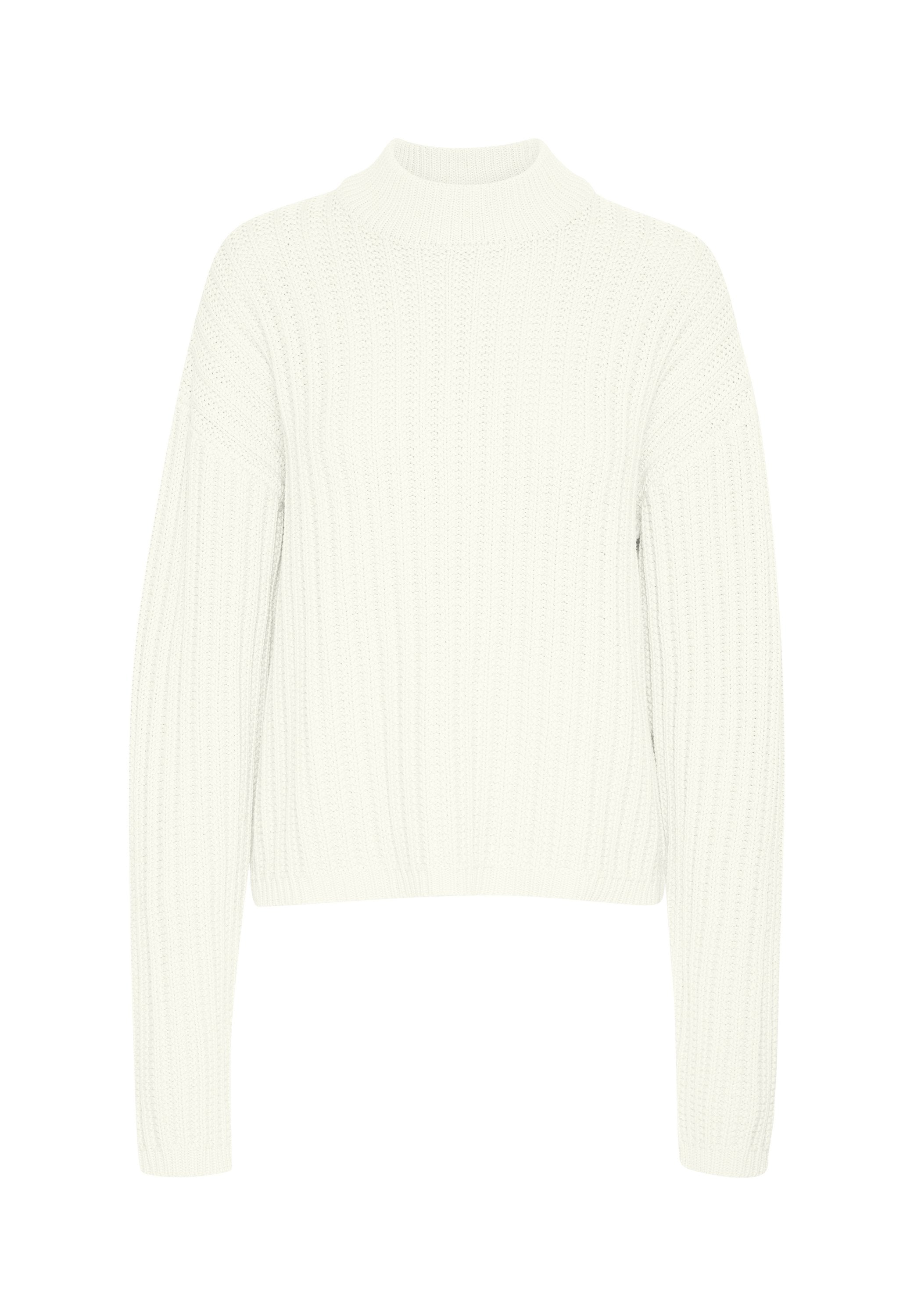 Weißer, gerippter Strickpullover mit hohem Kragen, langen Ärmeln und cropped Saum. Hergestellt aus einem weichen, strukturierten Strickmaterial.