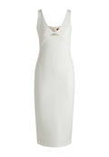 Weißes ärmelloses Kleid mit V-Ausschnitt und Cut-out-Detail in der Taille, aus glattem Stoff gefertigt, mit einem Reißverschluss hinten.