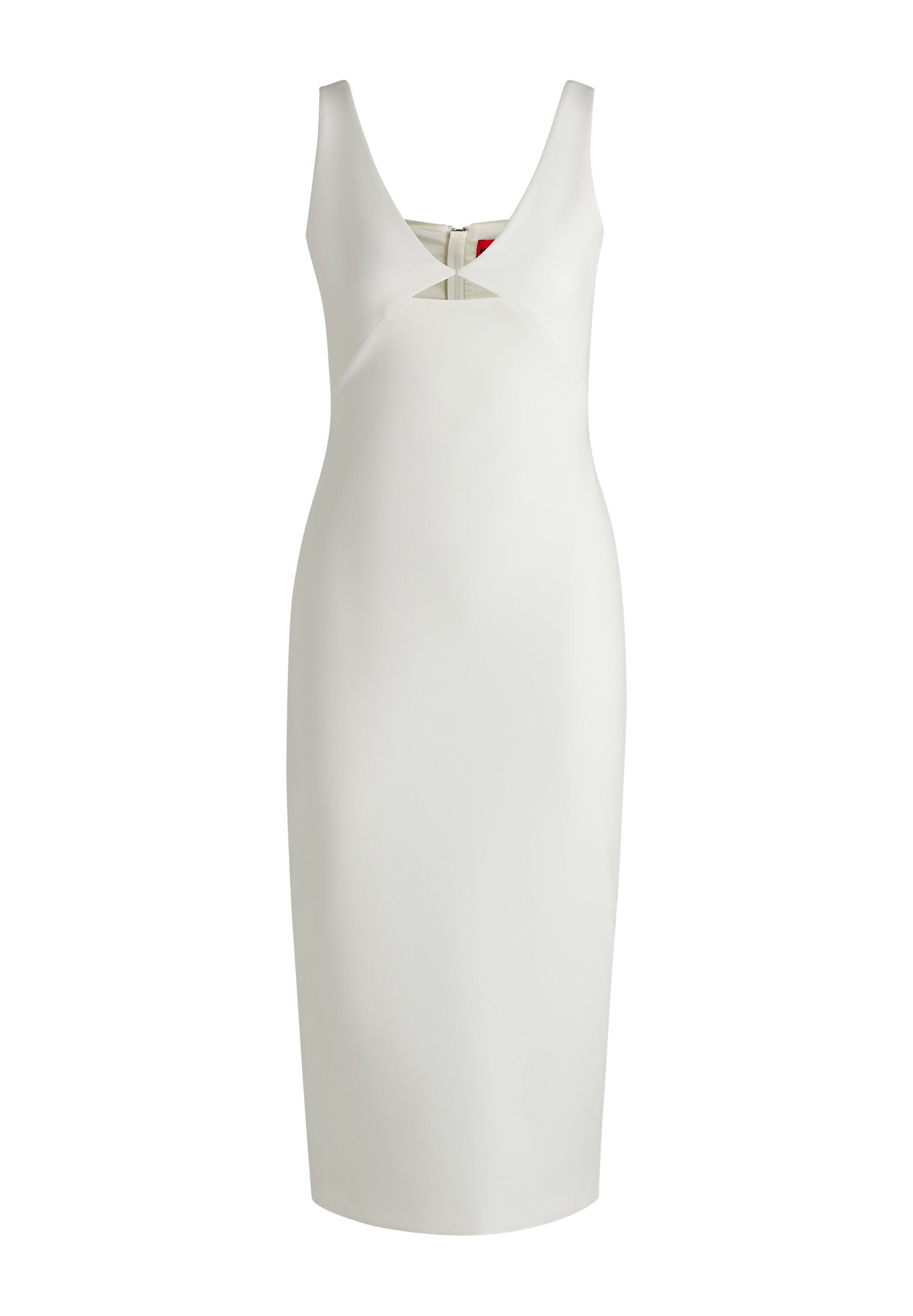 Weißes ärmelloses Kleid mit V-Ausschnitt und Cut-out-Detail in der Taille, aus glattem Stoff gefertigt, mit einem Reißverschluss hinten.