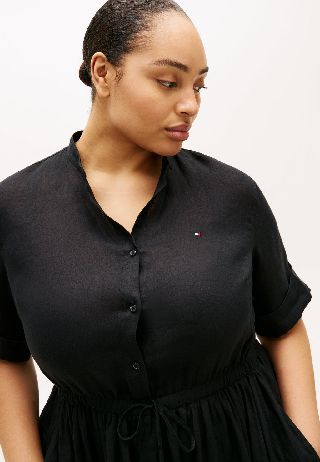 CURVE PRINT PURE LINEN MIDI SHIRT DRESS Media 4