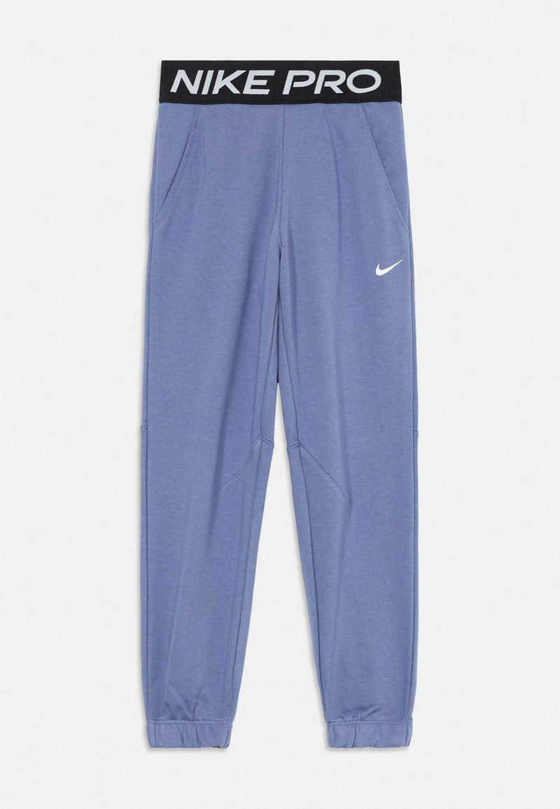 Nike Pro Sporthose aus hellblauem Material mit einem schwarzen elastischen Taillenbund, der den weißen "NIKE PRO"-Text und seitliche Taschen aufweist.